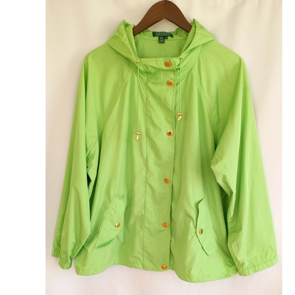 Lauren Ralph Lauren Womens 2X Lime Green Hooded Windbreaker Jacket Gold Hardware